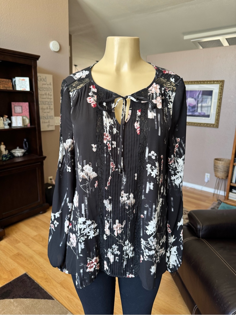 WHBM black floral tie-neck long sleeve blouse-size 10